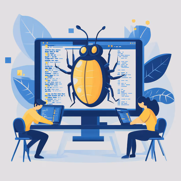 Software developer debugging code on screen - Software developers debugging code with computer screen featuring ...