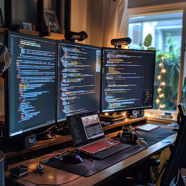 developer debugging code error - A developer debugging code with multiple monitors displaying error ...