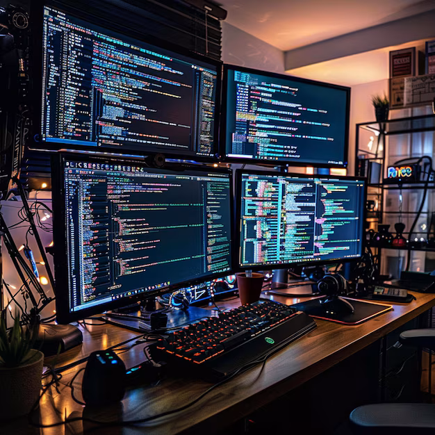 developer debugging code error - A developer debugging code with multiple monitors displaying error ...