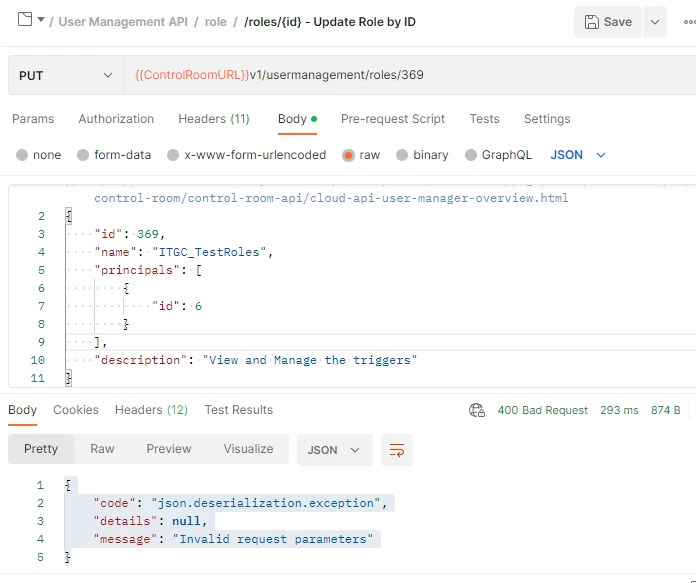 API JSON code on screen - Control Room API Error { 