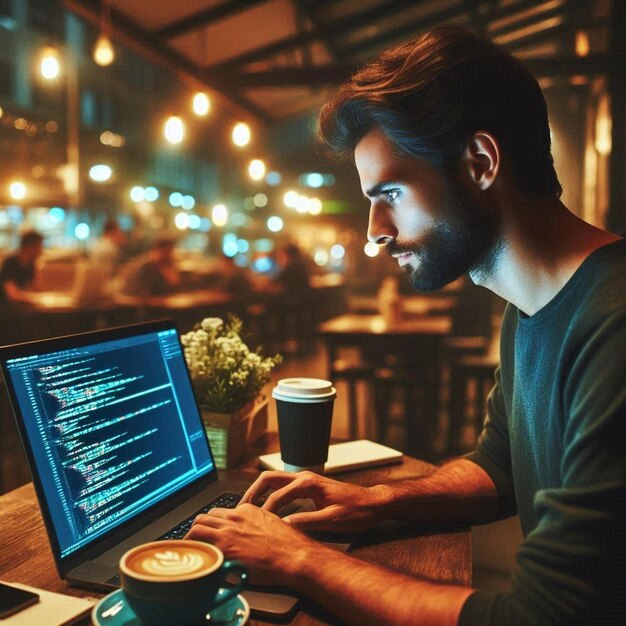 programmer debugging late night - Programmer debugging code at a coffee shop at night | Premium AI ...