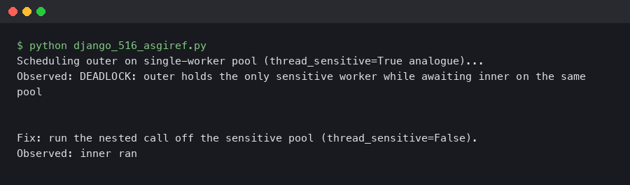 Django 5.1.6 asgiref sync_to_async Deadlocks With thread_sensitive=True