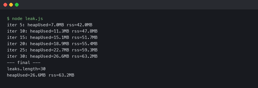 Terminal output showing growing memory in a leaky Node script